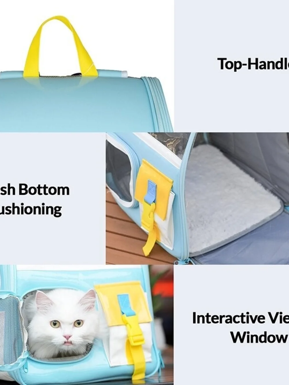 Light Blue Cat Carrier Backpack with Yellow Accents and Clear Window